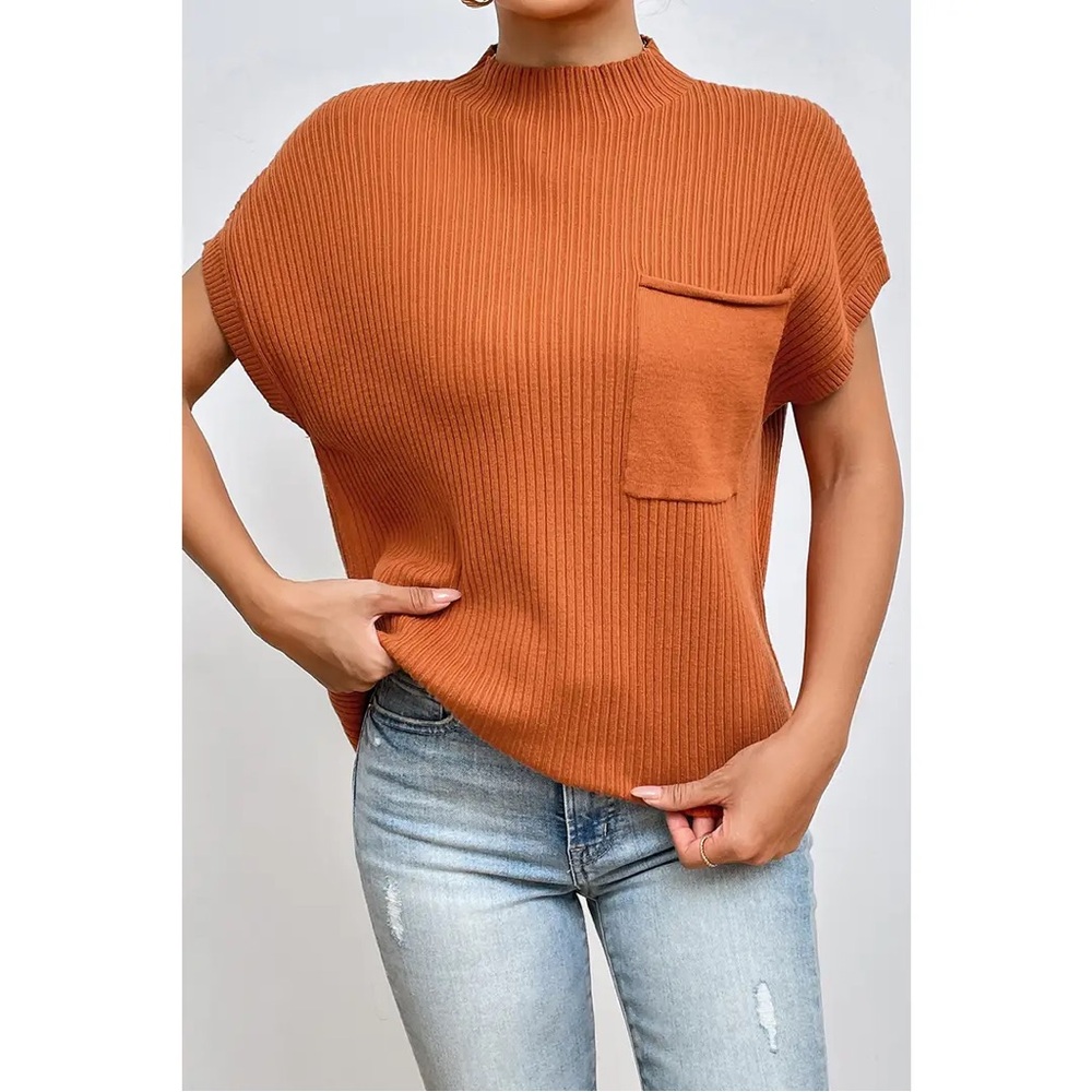 Rust Ribbed Mock Neck Short Cap Dolamn Sleeve Sweater